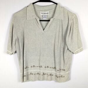 CD Petites M Linen Rayon Knit Top Collar Embroidered Floral Cottagecore Shirt